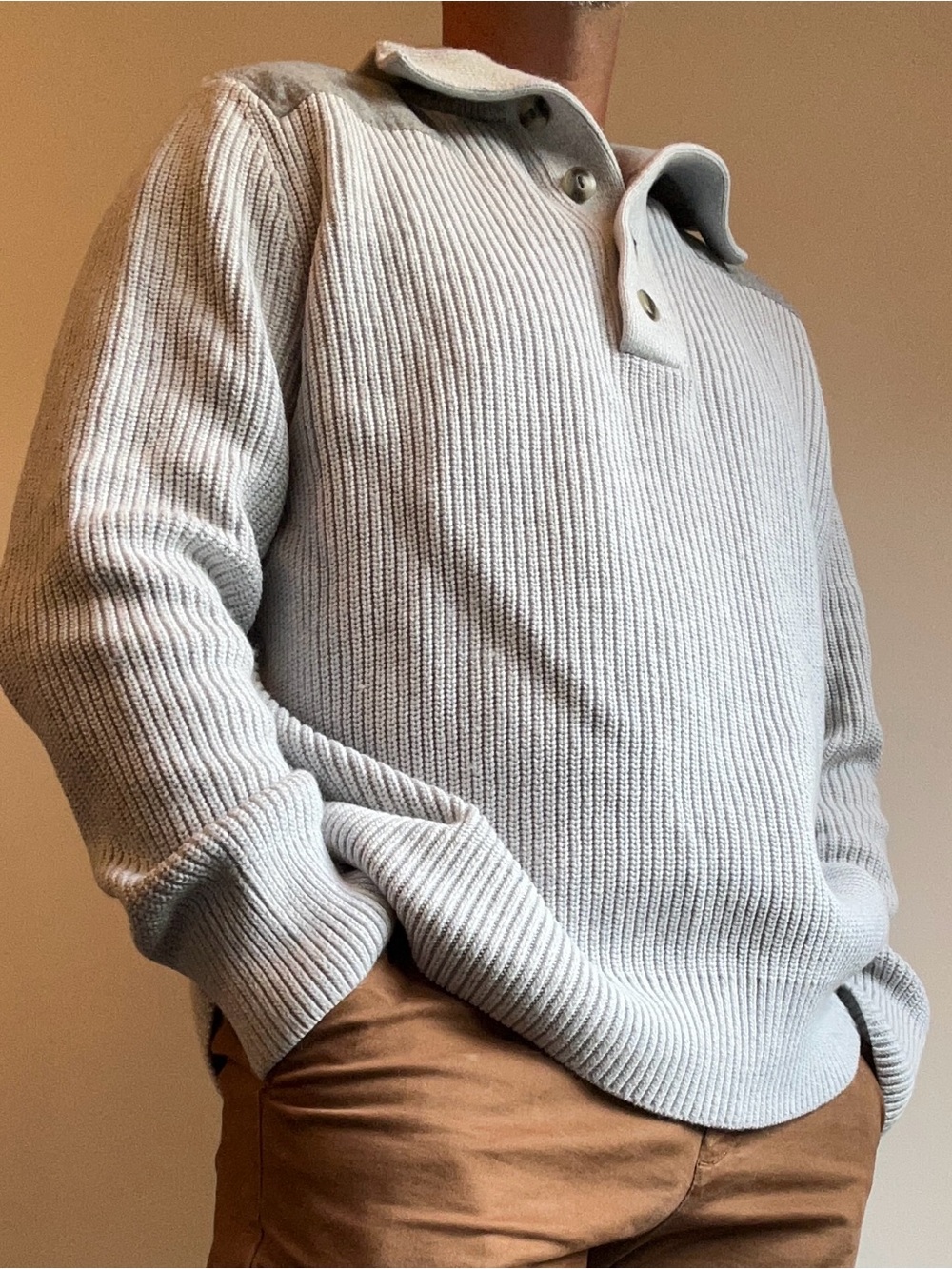 Banana Republic Men's Ribbed Mock Neck Button Sweater Shoulder Patch XL